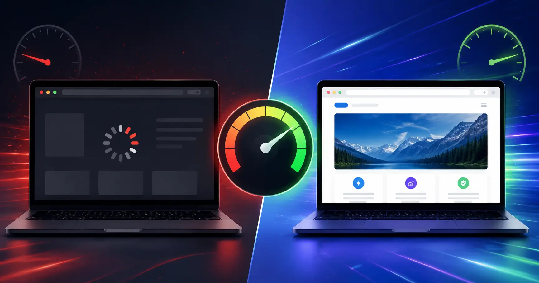 split-screen of before and after style graphic a slow loading spinner on one side